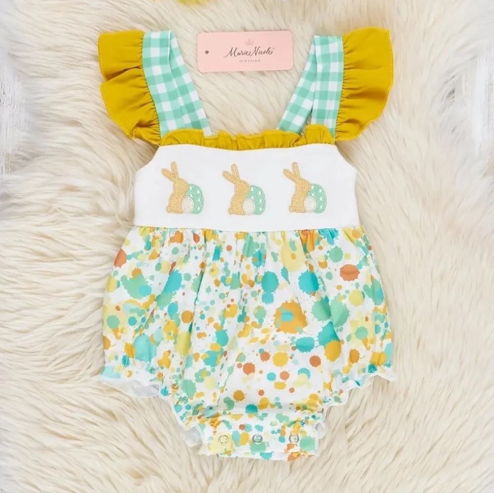 Marie Nicole Green Embroidered Bunny Gingham Ruffle Bubble Sz 12-18M
